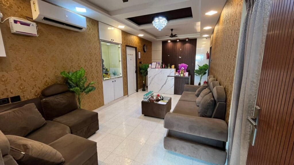 Reception desk at Blue Lounge Spa Aminjikarai Chennai featuring premium interiors and relaxing ambiance for spa guests