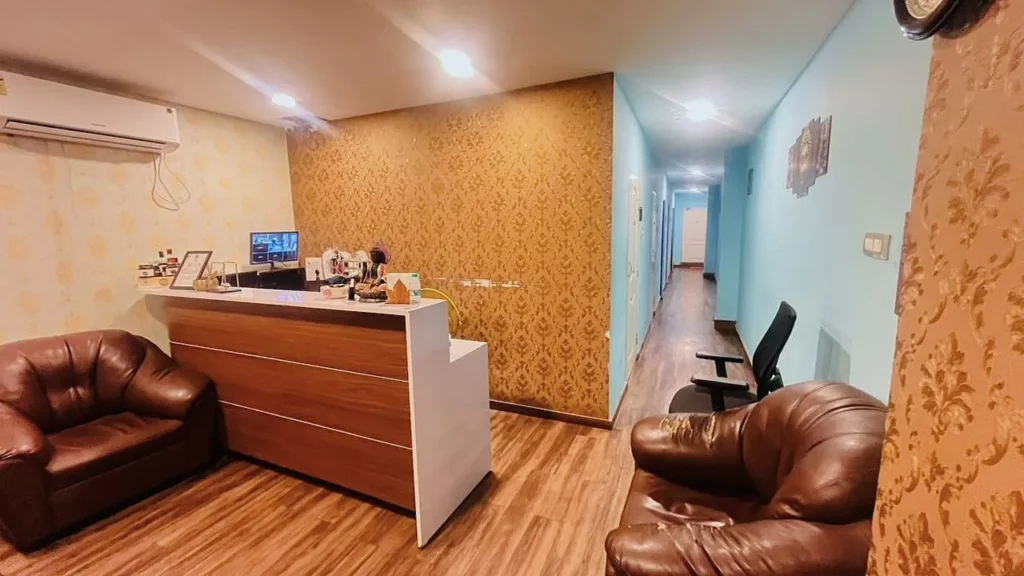 Reception area of Blue Lounge Spa on Mount Road, Chennai with modern decor and calming ambiance
