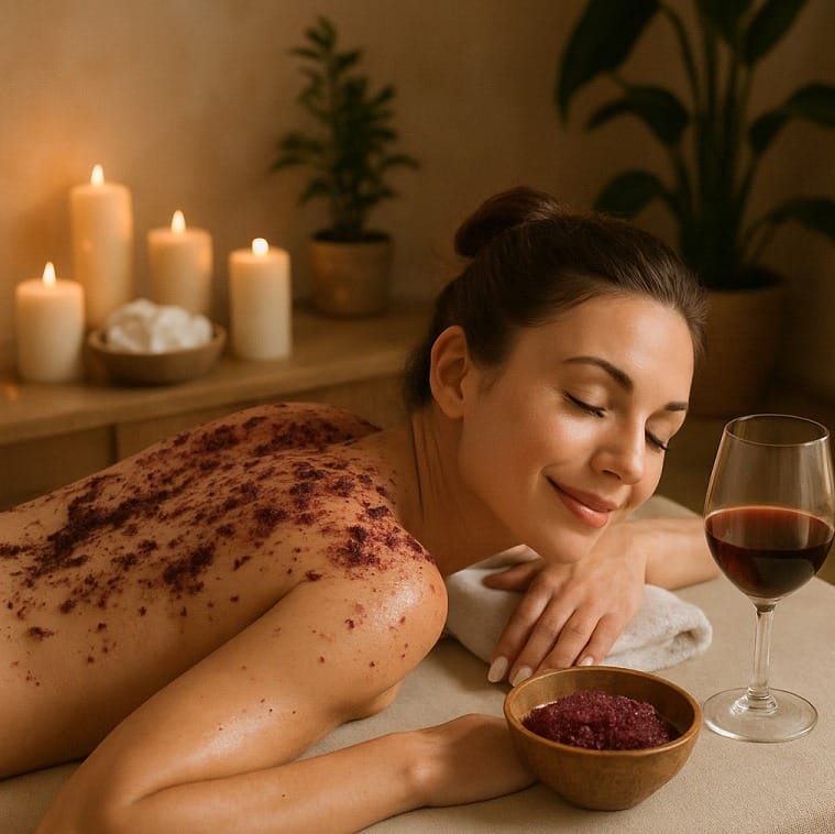 Wine body polish treatment being performed at Blue Lounge Spa