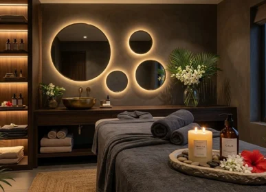Woman relaxing during a Sunday spa session with candles and massage therapy